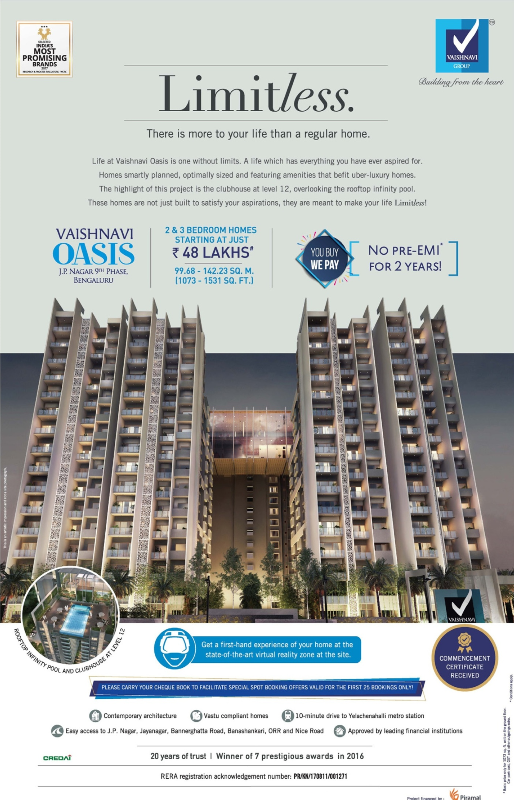 There is more to your life than a regular home at Vaishnavi Oasis in Bangalore